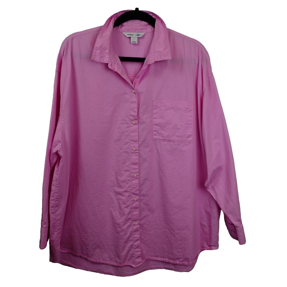 Old Navy The Boyfriend Shirt Women's Large Pink Long Sleeve Button Up Preppy - Picture 1 of 13
